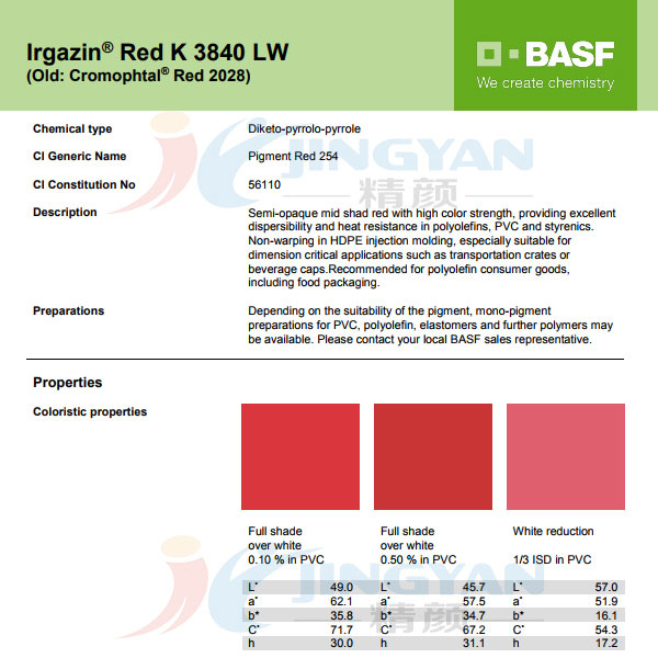 巴斯夫艳佳鲜K3840LW吡咯並吡咯二酮DPP颜料红254