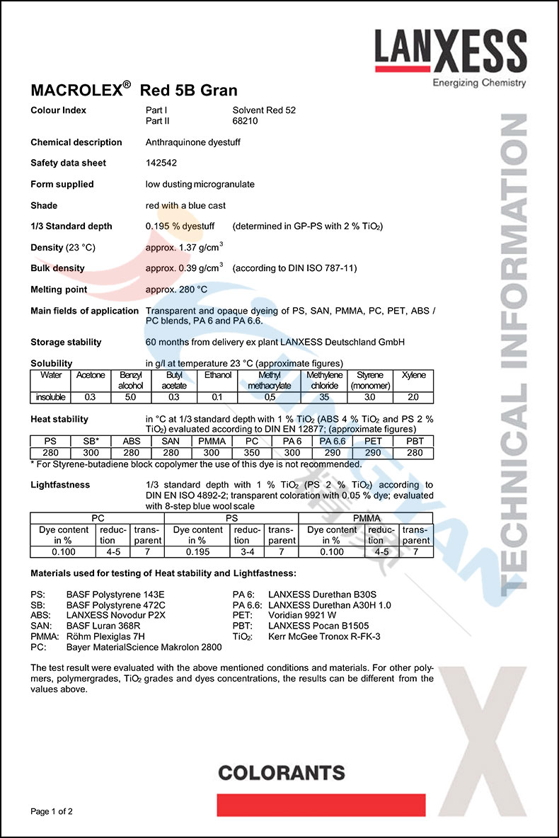 朗盛马高列斯染料5B红GRAN版本数据表1