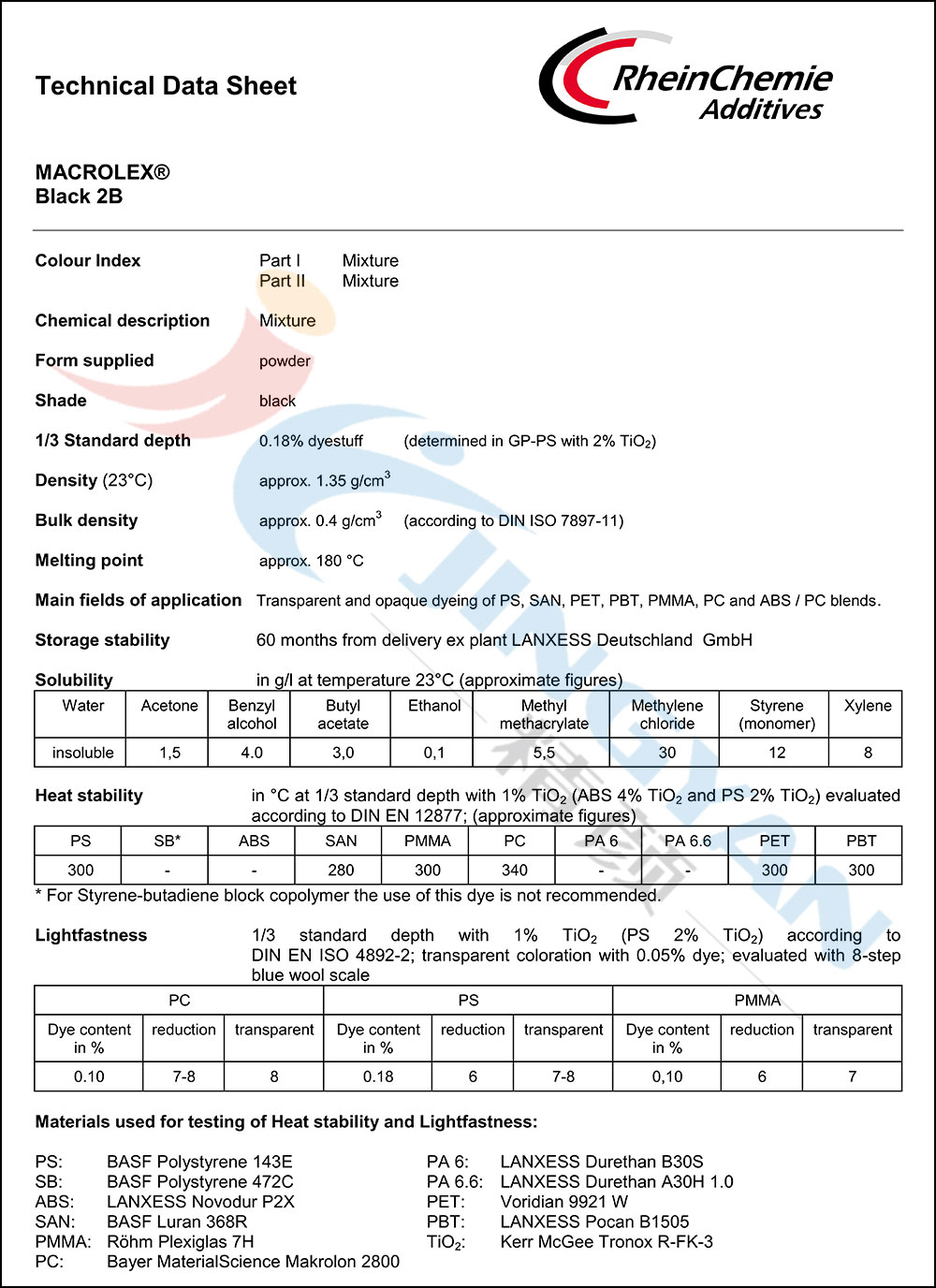 朗盛染料2B黑数据表1